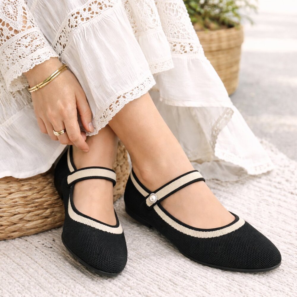 Jellypop Mary Jane Ballet Flats Women Black Memory Foam Faux Pearl Strap NEW